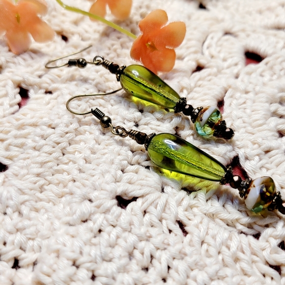 Boho Moss Green handcrafted drop Earrings - Picture 8 of 11